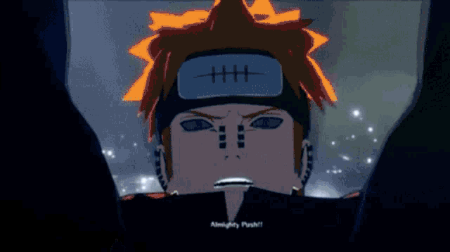 a cartoon character with a headband that says ' almighty push '