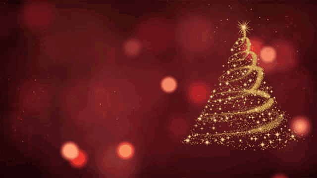 a christmas tree made of gold sparkles on a red background