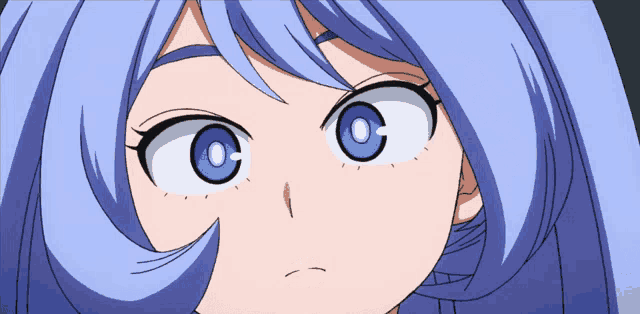a close up of a girl 's face with blue hair and blue eyes