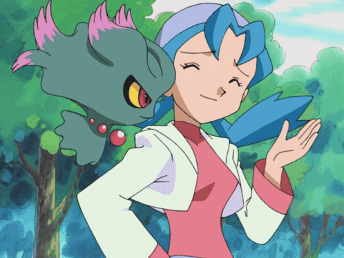 a girl with blue hair stands next to a gray and pink pokemon