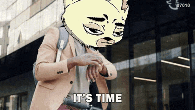 a cartoon of a man looking at his watch with the words it 's time written below him