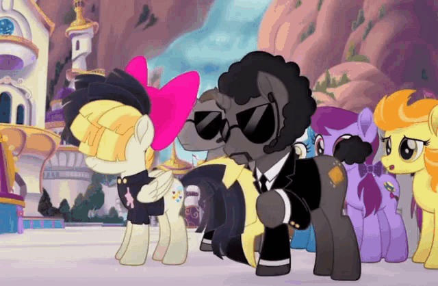 a group of ponies wearing suits and sunglasses are standing together
