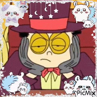 a cartoon character wearing a top hat and glasses is surrounded by hamsters and a picmix logo