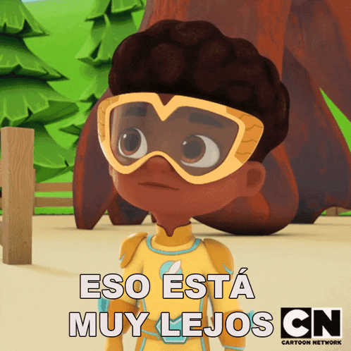 a cartoon character says eso esta muy lejos on the bottom