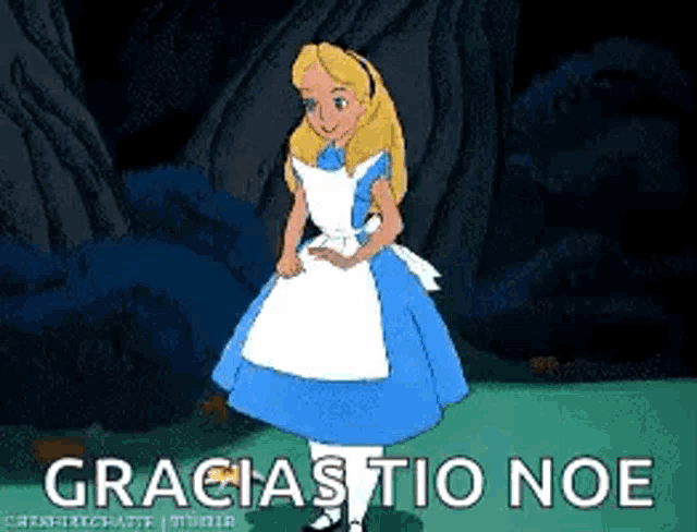 a cartoon of alice from alice in wonderland with the words graciastio noe below her