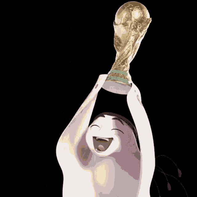 a cartoon character is holding a soccer trophy over his head