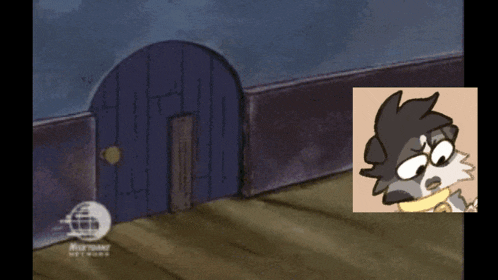 a cartoon character is standing in a doorway next to a raccoon