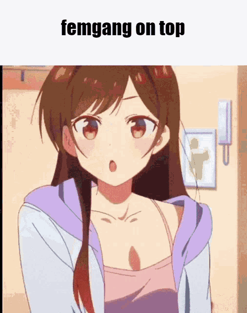 a cartoon of a girl with the words femgang on top above her