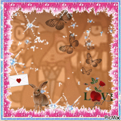 a picture of a rabbit and butterflies with the word love on the bottom right