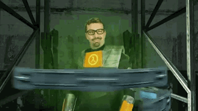 a man in a half life costume is holding a gun