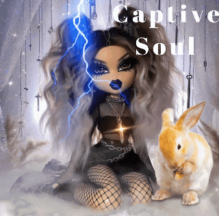 a doll is sitting next to a rabbit with the words captive soul written above her