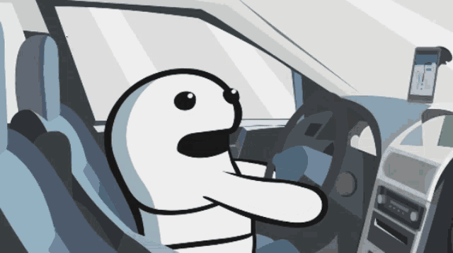 a cartoon character is driving a car with an app on the dashboard