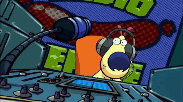 a cartoon dog wearing headphones stands in front of a microphone in front of a sign that says flex