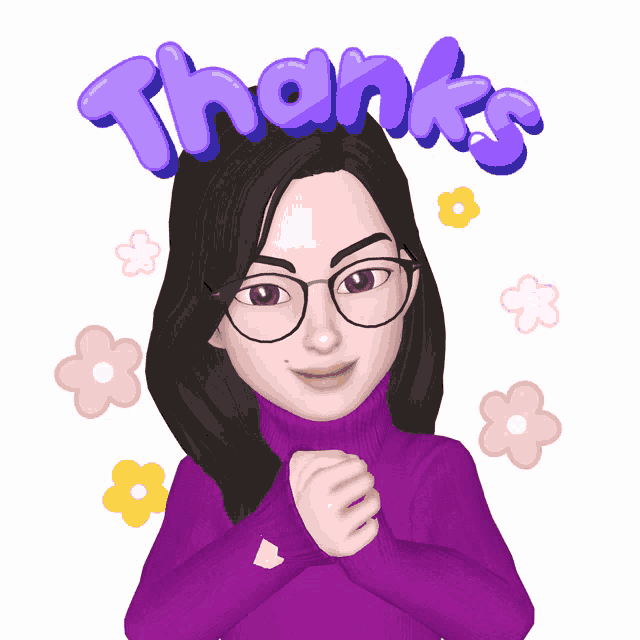 a woman wearing glasses and a purple sweater is surrounded by flowers and the words thanks