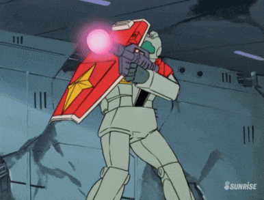 a robot is holding a shield and a gun with sunrise written on the bottom right