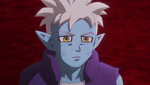 a close up of a cartoon character with blue hair