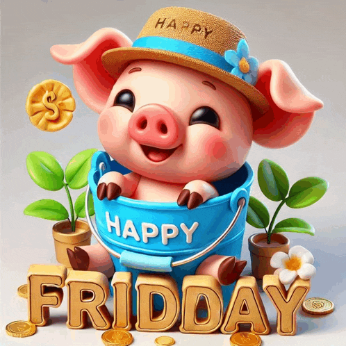 a pig wearing a straw hat is in a bucket that says happy friday