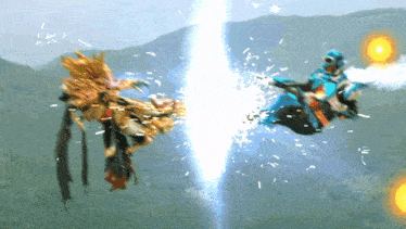 a cartoon character is flying through the air while another character shoots a beam of light