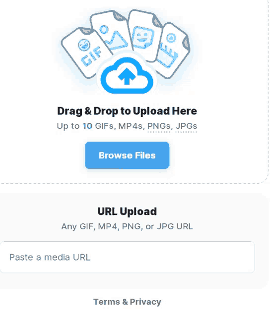 a screen that says drag and drop to upload here up to 10 gifs mp4s pngs and jpgs