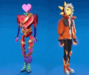 a video game character with a heart on his head and a character with a sun on his head