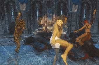 a video game scene with a man in a diaper standing in the middle