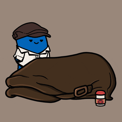a cartoon character is laying on a bag next to a bottle of pills