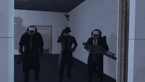 a group of soldiers are standing in a hallway with guns