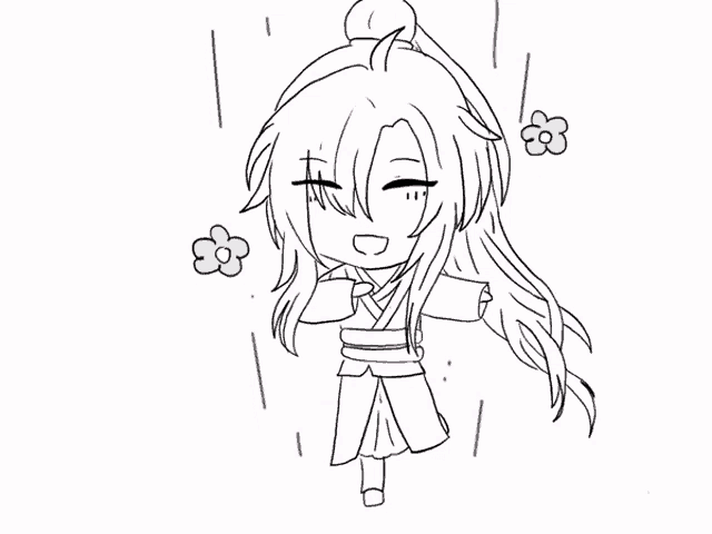 a black and white drawing of a chibi character with long hair
