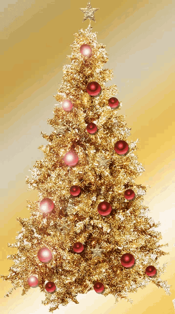 a gold christmas tree with red ornaments and a gold star on top
