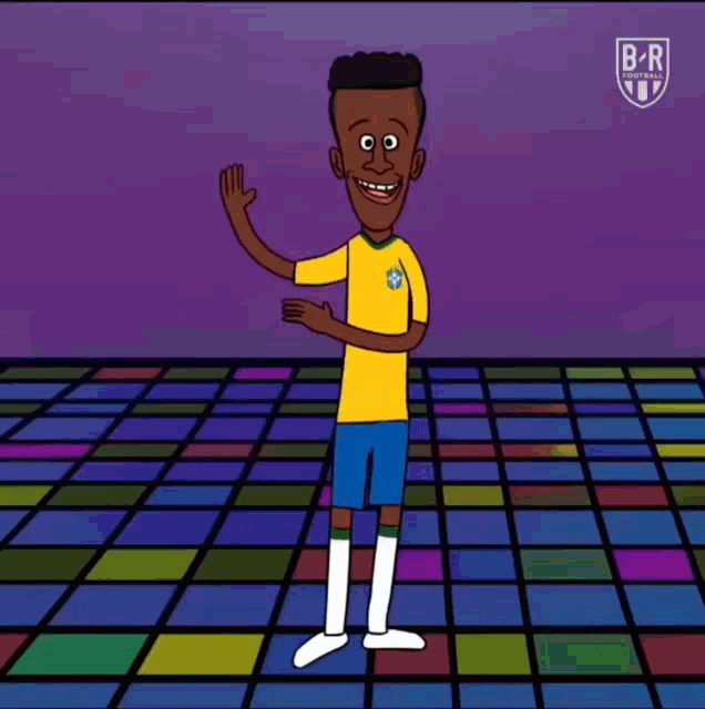 a cartoon of soccer players dancing on a dance floor with a b-r logo in the background