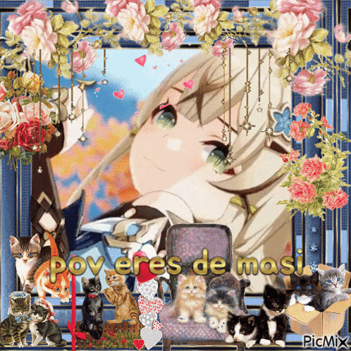 a picture of a girl surrounded by kittens and flowers with the words " pov eres de masi "
