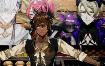 a group of anime characters standing in front of a wooden table
