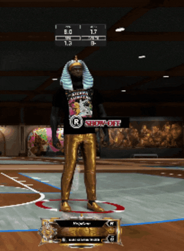 a man in a black shirt and gold pants is standing on a basketball court with a sign that says show-off