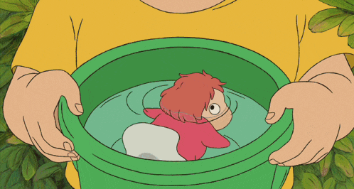 a cartoon of a person holding a green bucket with a fish inside