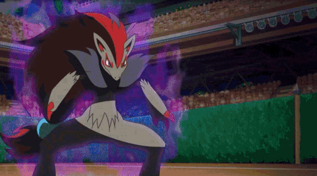 a cartoon drawing of a pokemon with purple flames around it