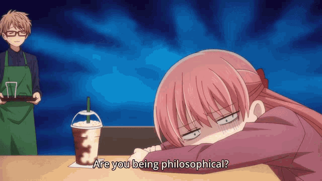 a girl laying on a table with the words " are you being philosophical " on the bottom