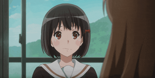 a girl with short hair and red eyes looks at another girl