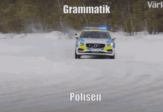 a volvo police car is driving through the snow with the word polisen on the bottom