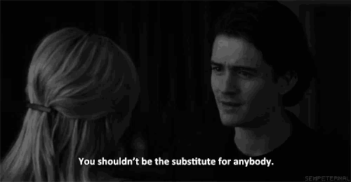 a black and white photo of a man and a woman with the caption you should n't be the substitute for anybody