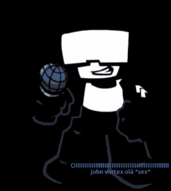 a black and white cartoon character holding a microphone with the words john vortex ola * sex * below him