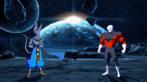 a cartoon of a man and a purple cat standing in front of a planet