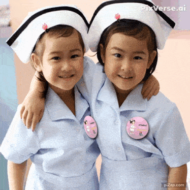 two little girls dressed as nurses are posing for a picture