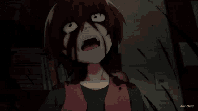 a girl with blood on her face is screaming in a dark room with an arrow pointing to the left
