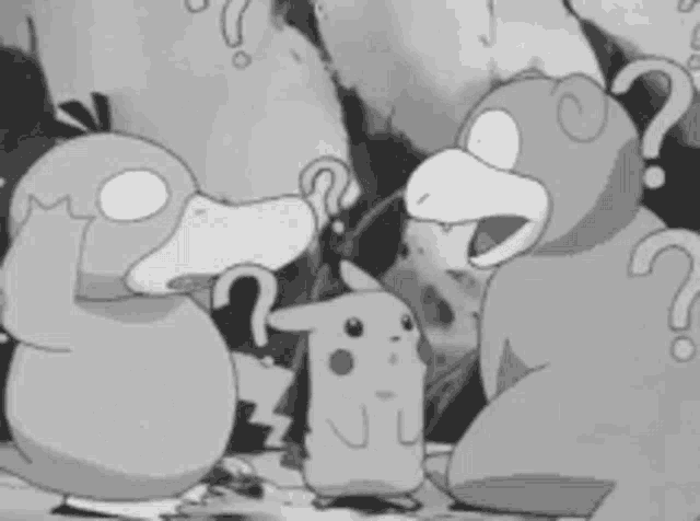 a black and white cartoon of a duck and a pikachu with question marks around them