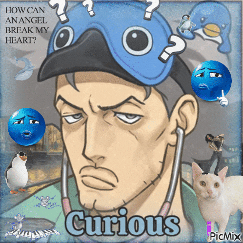 a picture of a man with a sleep mask on his head and the words curious below him