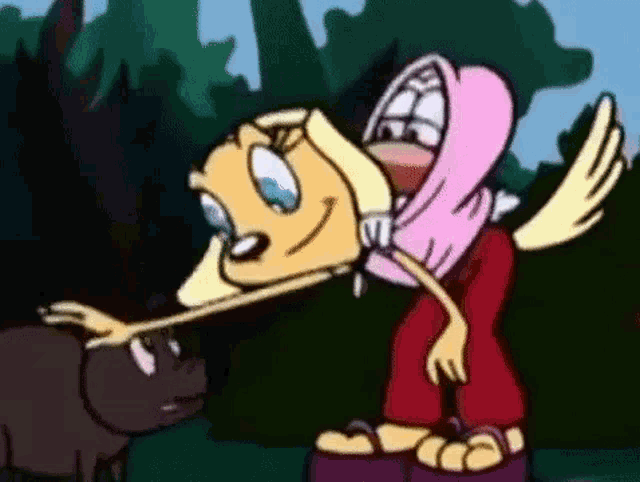 a cartoon character is petting a dog while wearing a pink hood .
