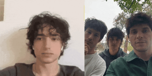 a man with curly hair is next to a group of young men