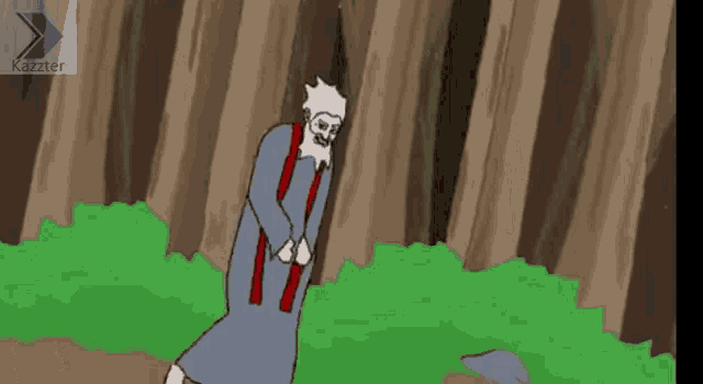 a cartoon drawing of a man with a beard and a kazzter logo in the background