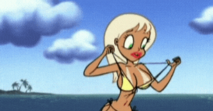 a cartoon of a woman in a bikini taking a picture of the ocean .