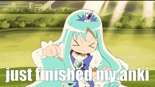 a cartoon of a girl with the words just finished my anki on the bottom
